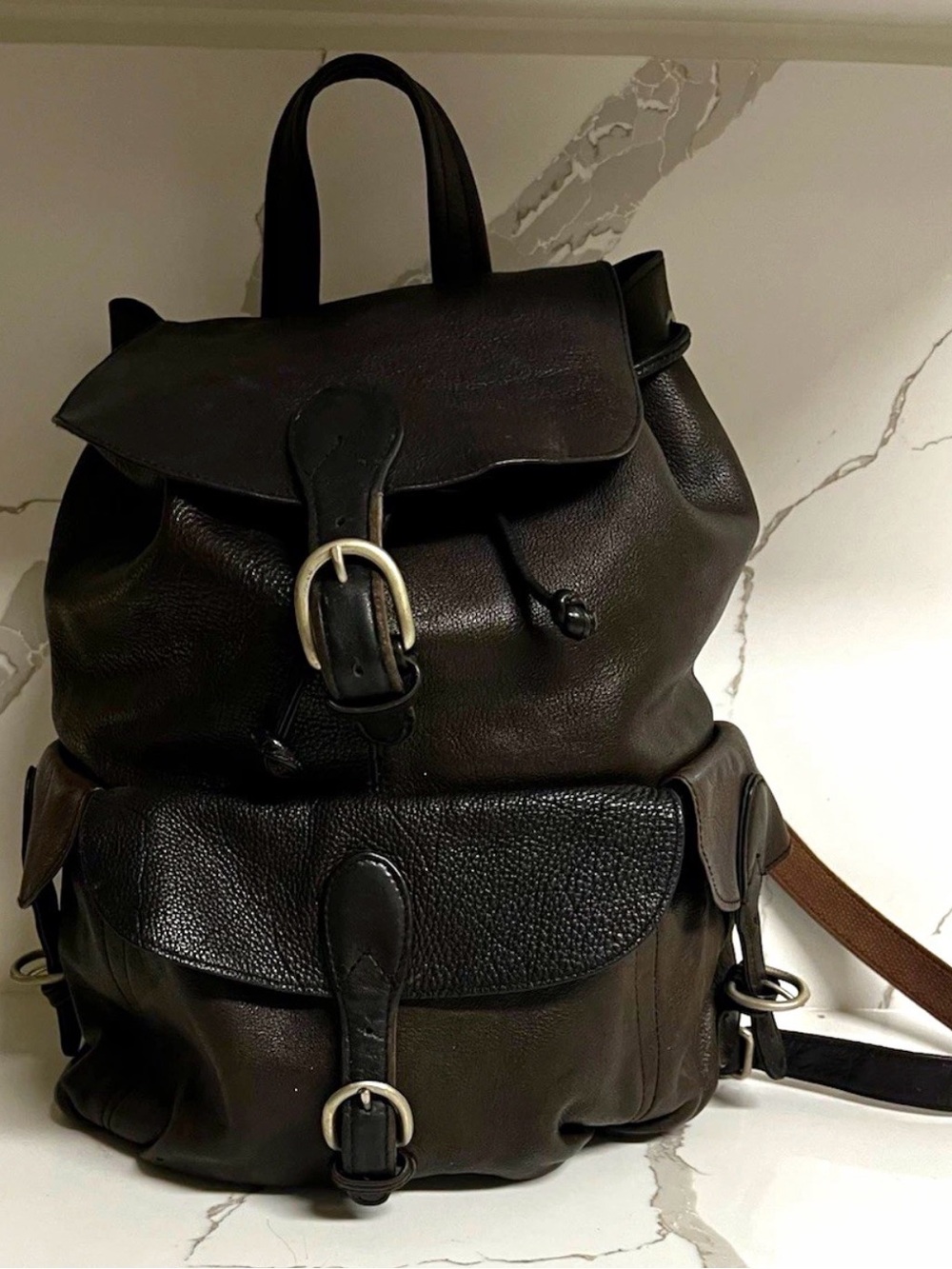 Vintage London Fog Dark Brown Pebbled Leather Backpack Rucksack - VGUC